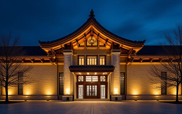 夜空に美しくライトアップされた歴史的な駅舎の外観